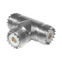 Adaptador en forma T, de Conector UHF Hembra (SO-239) a Doble Conector UHF Hembra, N?quel/ Plata/ Delrin.