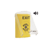 botón de Salida, Texto en Ingles, Tapa Protectora de Policarbonato súper Resistente, Llave para restablecer, Bocina integrada de Advertencia