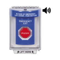 botón de Emergencia con Bocina de Advertencia Integrada, Texto en Ingles, Tapa Protectora de Policarbonato súper Resistente, Restablecimiento con Llave