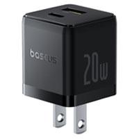 CARGADOR DE PARED 2 PUERTOS BASEUS, CARGA RPIDA, 1 TIPO C1 USB-A 20W, COLOR NEGRO