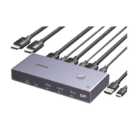 Conmutador KVM DisplayPort 8K | DP 1.4 | 2 Entradas 1 Salida | 4 Puertos USB 3.0 (3 USBA *1 USBC) | Soporta 8K@60Hz | HDR | Control de Escritorio | Carcasa de Aluminio | Indicador Led | Compatible Win, MacOs y Linux.