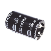 Capacitor Electrolítico de Aluminio, Radial de 470 µFd, 250 Vcc, 105 °C, 25 x 40 mm.