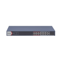 Switch PoE+ / Monitoreable / 16 puertos 10/100 Mbps PoE+ / 2 Puertos 1000 Mbps Uplink / 2 Puertos SFP de Uplink / Configuración Nube Hik-Partner Pro / Modo Extendido hasta 300 metros / 230 W