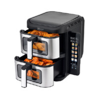 FREIDORA DE AIRE DOBLE MIRATI DE 11 LITROS TOTALES CUENTA CON 2 CANASTAS DE 5.5L CADA UNA CON VENTANA, PANEL A COLOR Y RETRACTIL REGULACION DE TEMPERATURA INDIVIDUAL, 1800W, TEMPERATURA DE 60C-200C