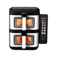 FREIDORA DE AIRE DOBLE MIRATI DE 11 LITROS TOTALES CUENTA CON 2 CANASTAS DE 5.5L CADA UNA CON VENTANA, PANEL A COLOR Y RETRACTIL REGULACION DE TEMPERATURA INDIVIDUAL, 1800W, TEMPERATURA DE 60C-200C