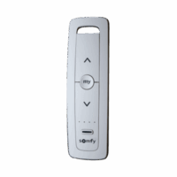Control remoto 5 canales para motores de persiana Somfy con señal inalámbrica, instrucciones: sube, baja y detener, con posición favorita programada.