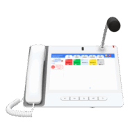 Teléfono IP Color Blanco Android 9.0 Empresarial para voceo 20 líneas SIP, pantalla táctil, Wi-Fi y Bluetooth, PoE, Voceo/ Musica por Multicast, puertos Gigabit, Sofware de Enfermeria
